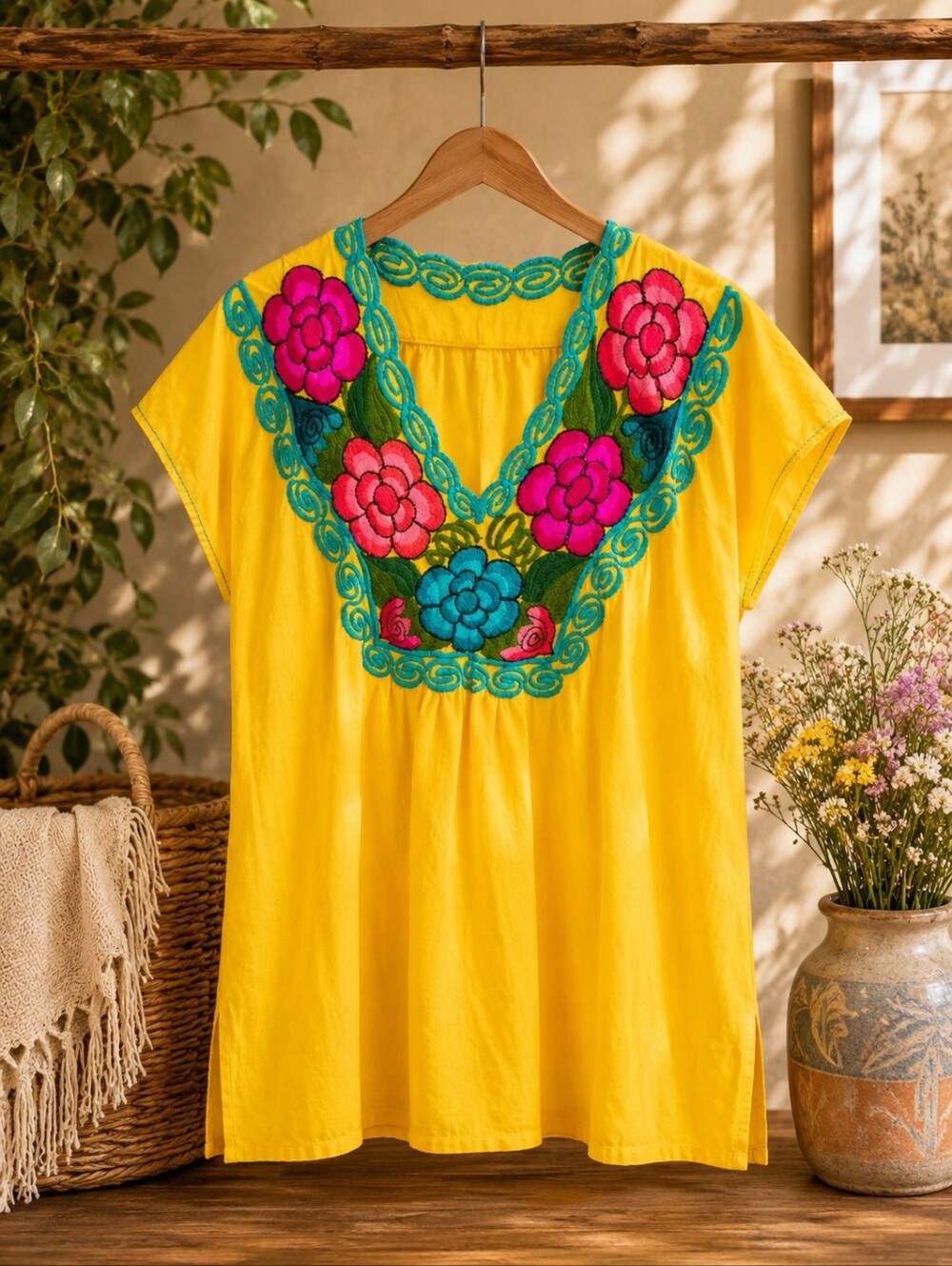 Bright Yellow Embroidered Floral Tunic Top
